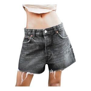 Zara Black High Waisted Raw Hem Rigid Denim Cutoff Mom Shorts 90s Women's 10